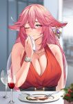  1girl ;d absurdres animal_ears bare_shoulders blush chair champagne_flute closed_eyes cup dating dress drinking_glass esencey fork fox_ears fox_girl genshin_impact hair_between_eyes hair_ornament handkerchief highres jewelry knife long_hair necklace one_eye_closed pink_hair plate purple_eyes red_dress sleeveless sleeveless_dress smile table upper_body watch yae_miko 