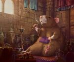  2022 biped brown_body brown_fur detailed_background feral fur hi_res humanoid_hands inside mammal murid murine nejumipro pillow pink_nose rat rodent sitting solo 