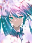  1girl agyou_sonokou_l aqua_eyes aqua_hair bare_shoulders blurry broken commentary debris depth_of_field expressionless grey_shirt hair_ornament hatsune_miku highres long_hair looking_at_viewer pink_background portrait shirt signature sleeveless sleeveless_shirt solo twintails vocaloid 