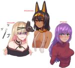  3girls absurdres animal_ears bangs bare_shoulders black_choker blush breasts choker collarbone commission copyright_request covered_nipples cropped_torso crying dark-skinned_female dark_skin egyptian egyptian_clothes fork green_eyes highres long_hair looking_at_viewer mask mask_on_head medium_breasts multiple_girls original popopoka red_sweater small_breasts smile sweat sweater tears upper_body wavy_mouth 