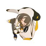  1girl ^_^ animal arknights bird black_coat chibi closed_eyes coat full_body gloves imitating latutou1 magallan_(arknights) mask mask_around_neck penguin short_hair simple_background skates smile solo two-tone_coat white_background white_coat white_gloves 