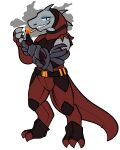  2021 absurd_res alien alpha_channel anthro armor blue_eyes cigarette colored fire grey_body grey_scales head_spines hi_res ikeshti lizard male metal_arm nanites red_armor reptile scales scalie simple_background smile smoke smoking solo starfinder_(rpg) transparent_background trout_(artist) 