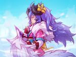  1girl 2020 ahoge artist_name bangs brown_gloves curled_horns day eating flower food from_side fur_trim gloves hair_between_eyes hair_flower hair_ornament holding holding_food horns japanese_clothes kimono kindred_(league_of_legends) lamb_(league_of_legends) league_of_legends long_hair outdoors pink_kimono shiny shiny_hair short_sleeves spirit_blossom_(league_of_legends) spirit_blossom_kindred vmat wolf_(league_of_legends) yellow_flower 