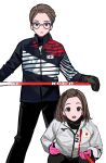  2022_winter_olympics 2girls betti_(xx_betti) black_gloves black_jacket black_pants brown_eyes brown_hair character_request forehead frown glasses gloves hair_behind_ear highres holding jacket japanese_flag leaning_forward looking_at_viewer multiple_girls pants photo-referenced real_life south_korean_flag white_jacket 