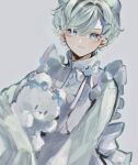  1boy absurdres apron bow bunny crossdressing grey_eyes grey_hair hair_ornament hairclip highres looking_at_viewer maid maid_apron maid_headdress male_focus original pale_skin pastel_colors stuffed_toy u-sama_(u_summer0719) 