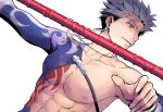  1boy blue_hair collarbone crescent_necklace cu_chulainn_(fate) cu_chulainn_(fate/stay_night) earrings fate/grand_order fate_(series) gae_bolg_(fate) igote jewelry kassan_(kassan_5a) looking_away male_focus muscular official_alternate_costume pectorals red_eyes simple_background solo topless_male upper_body white_background 