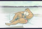  2016 5_fingers abs anthro areola artist_name barefoot biceps big_biceps big_muscles big_pecs biped black_body black_fur black_tail bottle bottomwear boxers_(clothing) brown_body brown_fur brown_stripes brown_tail bulge clock clothed clothing detailed_background digital_media_(artwork) eyes_closed eyewear feet felid fingers full-length_portrait fur hi_res holding_bottle holding_object humanoid_hands hybrid letterbox liger lion mainlion male mammal multicolored_body multicolored_fur multicolored_tail muscular muscular_anthro muscular_male muscular_thighs nipples outside pantherine pecs pink_bottomwear pink_clothing pink_nose pink_underwear plantigrade portrait purrcules_(character) quads reclining relaxing solo striped_body striped_fur stripes sunglasses text thick_thighs tiger toes topless two_tone_tail underwear vehicle watch water watercraft white_body white_fur yacht 