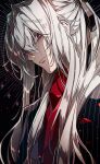  1boy alternate_hairstyle antonio_salieri_(fate) commentary fate/grand_order fate_(series) formal grey_hair hair_tie jacket light_particles long_hair long_sleeves looking_at_viewer male_focus moru00f pinstripe_pattern pinstripe_suit ponytail red_eyes silver_hair solo striped suit twitter_username type-moon upper_body white_hair 