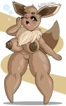  2022 absurd_res anthro areola big_breasts black_sclera blush bootleggz breasts brown_body brown_eyes brown_fur brown_hair brown_nipples canid canine cel_shading digital_media_(artwork) eevee eeveelution eyebrows eyelashes featureless_feet female fox fur genitals glistening glistening_body hair hi_res mammal neck_tuft nintendo nipples nude one_eye_closed open_mouth paws pok&eacute;mon pok&eacute;mon_(species) puffy_areola puffy_nipples pussy raised_tail shaded short_stack signature simple_background solo solo_focus tan_body tan_fur teeth thick_thighs tired tuft video_games wide_hips yawn 