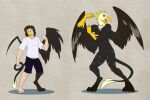  anthro avian beak black_body black_feathers blue_eyes clothing feathered_wings feathers fingers green_eyes growth gryphon hi_res human human_to_anthro long_tail male mammal markings mythological_avian mythology open_mouth size_transformation species_transformation standing tf-sential transformation wing_growth wings yellow_body 