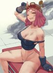  1girl areola_slip areolae bare_shoulders boku_no_hero_academia breasts covered_nipples dirty goggles goggles_on_head hatsume_mei highleg highleg_panties highres large_breasts medium_hair navel one_eye_closed panties pink_hair smile smoke solo strap_gap strap_slip tile_floor tiles underwear yellow_eyes zefrableu 