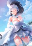  1girl ass_visible_through_thighs azur_lane bare_shoulders blue_sky breasts detached_collar dress elbow_gloves from_below gloves hat highres illustrious_(azur_lane) lace-trimmed_dress lace_trim large_breasts looking_at_viewer looking_down minato_asuka ocean one_eye_closed panties pantyshot sky sleeveless sleeveless_dress solo standing strapless strapless_dress sun_hat thighhighs thighs underwear white_dress white_garter_straps white_gloves white_headwear white_legwear white_panties 