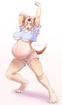  2022 anthro arms_above_head belly big_belly blonde_hair blue_clothing blue_shirt blue_topwear bottomwear breasts canid canine canis clothing crop_top domestic_dog eyes_closed feet female hair hi_res mammal pink_bottomwear pink_clothing pink_shorts pregnant shirt shorts signature solo spottedtigress stretching tan_body topwear under_boob 