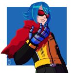  angel_(kof) blue_hair cape fighting_game gloves goog highres jacket jaliet_exe k9999 krohnen long_sleeves red_cape simple_background snk solo the_king_of_fighters the_king_of_fighters_xv 