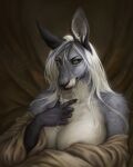  2021 anthro black_body black_fur blue_hair breasts claws digital_media_(artwork) female finger_claws fur green_eyes grey_body grey_fur hair hi_res kangaroo kyra_(greyshores) long_hair lostgoose macropod mammal marsupial multicolored_body multicolored_fur multicolored_hair solo two_tone_hair white_body white_breasts white_fur white_hair 