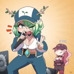  2girls antlers baseball_cap black_headwear black_pants blue_pants breasts brown_eyes ceres_fauna cleavage eyebrows_visible_through_hair green_hair hat highres holding holding_microphone hololive hololive_english jewelry large_breasts long_hair looking_at_another looking_at_viewer medium_hair microphone mole mole_under_eye mori_calliope multiple_girls necklace one_eye_closed pants pink_hair ponytail ryou_sakai speaker virtual_youtuber 