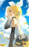  bare_shoulders belt blonde_hair blue_eyes bow cloud cloudy_sky cowboy_shot day detached_sleeves elbow_gloves falling_leaves fang fingerless_gloves from_side gloves grey_shorts hair_bow hand_up headphones highres kagamine_rin kagamine_rin_(append) leaf leaning_forward open_mouth outdoors pendant_choker see-through_sleeves shi_song_guo shirt short_hair shorts skin_fang sky sleeveless sleeveless_shirt smile treble_clef twisted_torso v vocaloid vocaloid_append white_bow white_gloves white_shirt yellow_leaves 