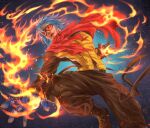  blue_hair cape fighting_game fire gloves highres jacket k9999 krohnen long_sleeves red_cape simple_background snk solo the_king_of_fighters the_king_of_fighters_xv 