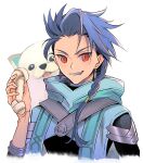  1boy asymmetrical_hair black_bodysuit blue_hair bodysuit bodysuit_under_clothes bone braid cu_chulainn_(fate) dog earrings fate/grand_order fate/grand_order_arcade fate_(series) grin hair_over_shoulder holding holding_bone hood jewelry kassan_(kassan_5a) looking_at_viewer male_focus red_eyes samoyed_(dog) setanta_(fate) simple_background slit_pupils smile solo white_background 