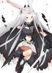  1girl animal_ears asymmetrical_legwear azur_lane black_cape black_footwear black_gloves black_legwear blue_eyes boots breasts burnt_clothes cape cleavage fingerless_gloves gloves highres hiryuu_(azur_lane) hiryuu_(meta)_(azur_lane) holding holding_weapon leg_up long_hair looking_at_viewer medium_breasts mg42cat-k1ng midriff miniskirt rabbit_ears simple_background single_thigh_boot skirt socks solo thigh_boots thighhighs very_long_hair weapon white_background white_hair white_skirt 