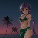  1girl ahoge arms_behind_back bikini bikkii black_bikini blush breasts english_commentary english_text front-tie_top groin highres long_hair looking_at_viewer medium_breasts midriff navel nengajou new_year night night_sky palm_tree purple_hair sarong sky smile solace solo swimsuit tokyo_ravens tree tsuchimikado_natsume 