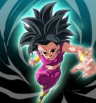  1girl black_eyes black_hair boots breasts charging_forward clenched_hand crop_top dragon_ball dragon_ball_super earrings jewelry kefla_(dragon_ball) looking_at_viewer midriff navel pants potara_earrings reaching_out rom_(20) solo spiked_hair 