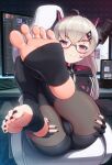  1girl :3 absurdres ahoge ass black_legwear cameltoe chair computer discord feet fingerless_gloves glasses gloves highres horns indie_virtual_youtuber keyboard_(computer) laptop looking_at_viewer mechanical_horns merrytail microphone monitor nail_polish red_eyes saruei_(vtuber) sitting solo thighhighs toenail_polish toenails virtual_youtuber 