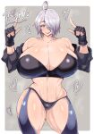  angel_(kof) arms_up bra breasts chaps cropped_jacket finger_horns fingerless_gloves gloves hair_over_one_eye highres horns_pose index_fingers_raised jacket large_breasts leather leather_jacket namae_ga_kimaranai_man snk strapless strapless_bra the_king_of_fighters the_king_of_fighters_2001 the_king_of_fighters_xiv toned underwear white_hair 