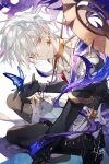  1boy absurdres armor bangs bishounen black_bodysuit blue_butterfly blue_eyes bodysuit bracelet bug butterfly butterfly_on_hand chest_jewel collar earrings eyebrows_visible_through_hair eyeshadow fate/apocrypha fate/extella fate/extella_link fate/extra fate/extra_ccc fate/extra_ccc_fox_tail fate/grand_order fate_(series) gloves hair_between_eyes highres jewelry karna_(fate) light_smile looking_at_viewer makeup male_focus multiple_bracelets pale_skin red_eyeshadow short_hair signature simple_background sitting smile solo spiked_collar spiked_hair spikes sqloveraven squatting star_(symbol) star_earrings white_background white_hair 