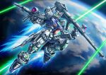  absurdres beam_rifle dual_wielding earth_(planet) energy_gun flying green_eyes gun gundam gundam_0083 gundam_gp-03_stamen highres holding holding_gun holding_weapon looking_up mecha mobile_suit planet solo space sunflower_(tomodog422) thrusters v-fin weapon 