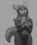 2021 anthro breasts canid canine clothed clothing female fingers fluffy fluffy_tail footprint fox fur grey_background hands_together hi_res jewelry looking_at_viewer mammal monochrome necklace nun open_mouth pawprint portrait schmutzo simple_background solo teeth three-quarter_portrait 