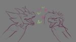  anthro curled_horns dragon duo eyes_closed featureless_chest grey_background hi_res horn kobold kolu_(koluthings) koluthings kyukyu long_ears male open_mouth simple_background sound_effects teeth tongue 