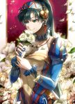  blue_dress bouquet breasts cleavage delsaber dress earrings fire_emblem fire_emblem:_the_blazing_blade fire_emblem_heroes green_eyes green_hair headdress highres jewelry long_hair long_sleeves lyn_(fire_emblem) necklace ponytail smile valentine very_long_hair 