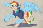  blue_body blush bottomless clothed clothing cutie_mark equid equine eyelashes feathered_wings feathers friendship_is_magic fused_toes hasbro hi_res human human_to_feral mammal multicolored_tail my_little_pony pegasus rainbow_dash_(mlp) rainbow_tail smile species_transformation teeth tf-sential topwear transformation wings 