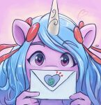  accessory anthro blue_hair card equid equine eyelashes female fingers hair hair_accessory hair_bow hair_ribbon hasbro hi_res holding_object holidays horn izzy_moonbow_(mlp) leomitsu letter looking_at_viewer mammal mlp_g5 my_little_pony purple_body purple_eyes ribbons unicorn valentine&#039;s_day valentine&#039;s_day_card 