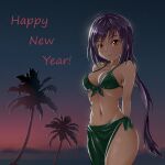  1girl ahoge arms_behind_back bikini bikkii black_bikini blush breasts english_commentary english_text front-tie_top groin happy_new_year highres long_hair looking_at_viewer medium_breasts midriff navel nengajou new_year night night_sky palm_tree purple_hair sarong sky smile solace solo swimsuit tokyo_ravens tree tsuchimikado_natsume 