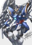 absurdres blue_eyes dated english_commentary glowing glowing_eye grey_background gundam gundam_wing gundam_wing_endless_waltz happy_birthday highres jellen_squish looking_down mecha mechanical_wings mobile_suit no_humans open_hand solo v-fin wing_gundam_zero_custom wings 