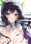  1girl absurdres bangs black_hair blue_eyes breasts cleavage highres large_breasts last_origin maid_headdress oberonia_rhea simple_background smile solo teddyellow white_background 