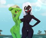  2022 alien alien_humanoid beach black_body black_skin blue_eyes breasts butt crossover detailed_background disney duck_dodgers duo female genitals green_body green_skin hair hand_on_hip hi_res humanoid humanoid_pointy_ears looking_at_viewer looking_back looking_back_at_viewer lord_dominator martian mouthless nipples not_furry nude outside pubes pussy queen_tyr&#039;ahnee red_eyes sea seaside standing thehumancopier wander_over_yonder warner_brothers water white_hair 