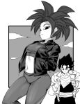  1boy 1girl breasts crop_top dougi dragon_ball dragon_ball_super earrings greyscale hands_in_pockets jacket jewelry kefla_(dragon_ball) looking_at_viewer midriff monochrome navel pants ponytail potara_earrings rom_(20) sash spiked_hair vegetto 