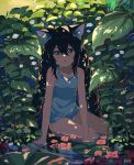  1girl :o animal_ears bare_arms bare_legs black_hair blush flower foliage green_eyes highres kgt_(pixiv12957613) leaf lily_pad long_hair looking_at_viewer nature original outdoors partially_submerged plant scenery signature sitting solo tank_top very_long_hair water water_drop 