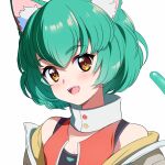  1girl animal_ear_fluff animal_ears bangs blush breasts brown_eyes cat_ears cat_girl cat_tail cleavage eyebrows_visible_through_hair fangs girl_dm green_eyes green_hair indie_virtual_youtuber jacket off_shoulder open_mouth portrait shulliy_baudelair solo tail yellow_jacket 