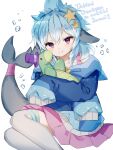  1girl blue_hair dolphin dolphin_girl dolphin_tail fang fins hair_ornament highres hood hoodie indie_virtual_youtuber looking_at_viewer nomi_(vtuber) pale_skin purple_eyes solo sorani_(kaeru0768) star_(symbol) star_hair_ornament stuffed_animal stuffed_toy turtle virtual_youtuber 