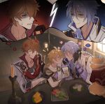  3boys aether_(genshin_impact) animal annoyed bangs black_gloves blonde_hair blush braid bubble_tea chair closed_eyes cup disposable_cup dog earrings food genshin_impact gloves ha_ze hair_between_eyes highres holding holding_cup jacket jewelry kamisato_ayato long_hair love_triangle male_focus mole mole_under_mouth multiple_boys multiple_views orange_hair plate red_scarf scarf shaded_face single_braid single_earring sitting smile symbol-only_commentary table taroumaru_(genshin_impact) tartaglia_(genshin_impact) yaoi 