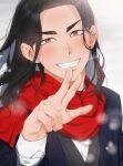  1boy baji_keisuke blue_jacket blush brown_eyes grin hand_up highres jacket long_hair long_sleeves looking_at_viewer lululu_32 male_focus red_scarf scarf shirt simple_background smile solo tokyo_revengers upper_body white_background white_shirt 