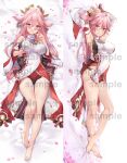  1girl animal_ears armpits arms_up ass_visible_through_thighs bangs bare_legs barefoot bed_sheet black_panties blush breasts cherry_blossoms commentary crossed_bangs daefny dakimakura_(medium) detached_sleeves earrings eyebrows_visible_through_hair floral_print flower_knot fox_ears fox_shadow_puppet from_above full_body furrowed_brow genshin_impact grabbing_own_breast hair_between_eyes headpiece highres japanese_clothes jewelry lips long_hair looking_at_viewer lying medium_breasts miko multiple_views necklace obi on_back panties parted_lips petals pink_hair purple_eyes sakuramon sample_watermark sash side-tie_panties sideboob simple_background smile tassel thigh_gap thighs underwear white_background wide_sleeves yae_miko zi_tong_zhi_lei 