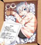 1boy 1other animal_ears bike_shorts black_shorts blue_eyes box cardboard_box cat_boy cat_ears cat_tail commentary_request contract eyebrows_visible_through_hair fang from_above ginziro525 ginziro525_(vtuber) grey_hair grey_tail hair_between_eyes hand_on_own_cheek hand_on_own_face in_box in_container indie_virtual_youtuber long_sleeves looking_at_viewer looking_to_the_side looking_up male_focus messy_hair mixed-language_commentary one_eye_closed open_mouth original otoko_no_ko out_of_frame packing_peanuts shirt shoes shoes_removed short_hair shorts skin_fang solo_focus striped striped_shirt tail thighhighs translation_request virtual_youtuber white_legwear 