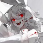  :d animal_ears arm_up bangs blood blood_on_face close-up commentary_request copyright_request eyebrows_behind_hair face fangs g2_(goodnightyellow) hair_between_eyes korean_commentary leotard long_hair open_mouth rabbit_ears red_eyes silver_hair smile tongue white_leotard 