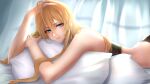  1girl azur_lane bismarck_(azur_lane) black_bra black_panties blonde_hair blue_eyes blush bra earrings hand_in_hair hand_on_own_head highres jewelry light_smile long_hair looking_at_viewer lyche_(lychexo) lying on_bed on_stomach panties pillow sidelocks solo underwear underwear_only 