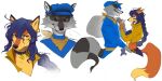  1boy 1girl animal_ears animal_nose blue_hair body_fur braid carmelita_fox fox_ears fox_girl fox_tail furry furry_female grey_fur jacket mole mole_under_eye momobeda orange_fur raccoon_boy raccoon_ears raccoon_tail sly_cooper sly_cooper_(series) snout tail yellow_jacket 